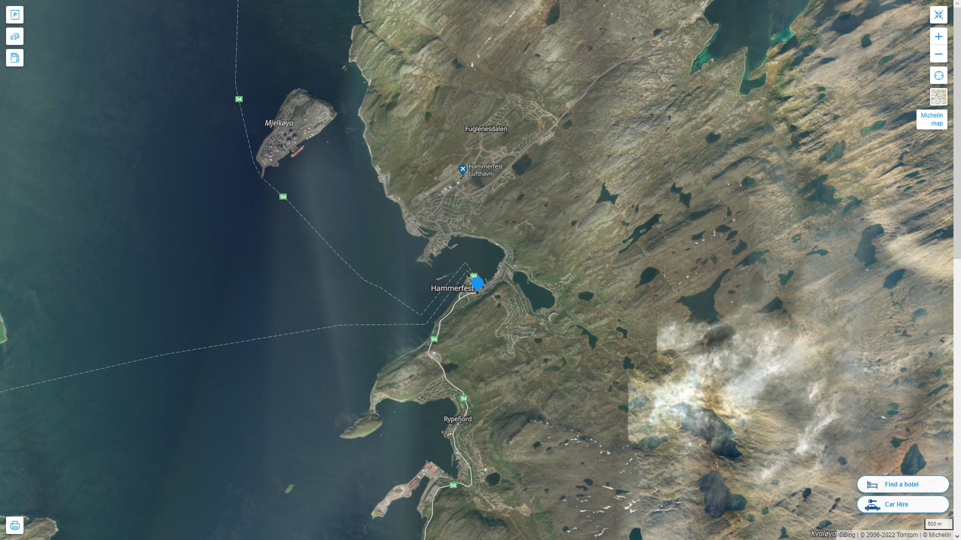 Hammerfest Norvege Autoroute et carte routiere avec vue satellite